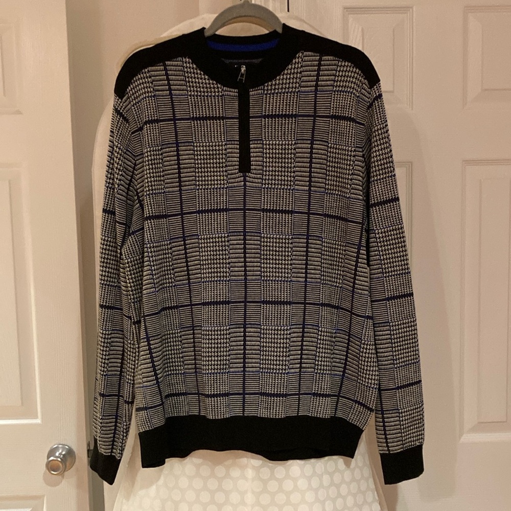 DKNY XL men sweater 50%wool grey black royal blue  w/ zipper like NEW